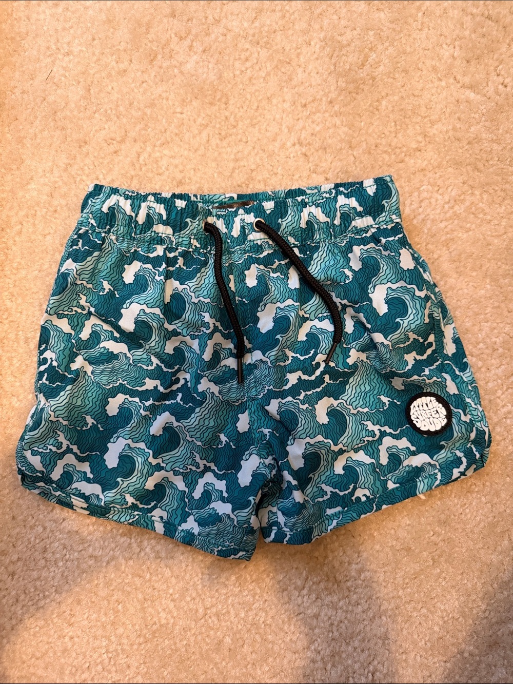 Kids Teal Wave-Print Swim Trunks with Drawstring Size 2-3Y